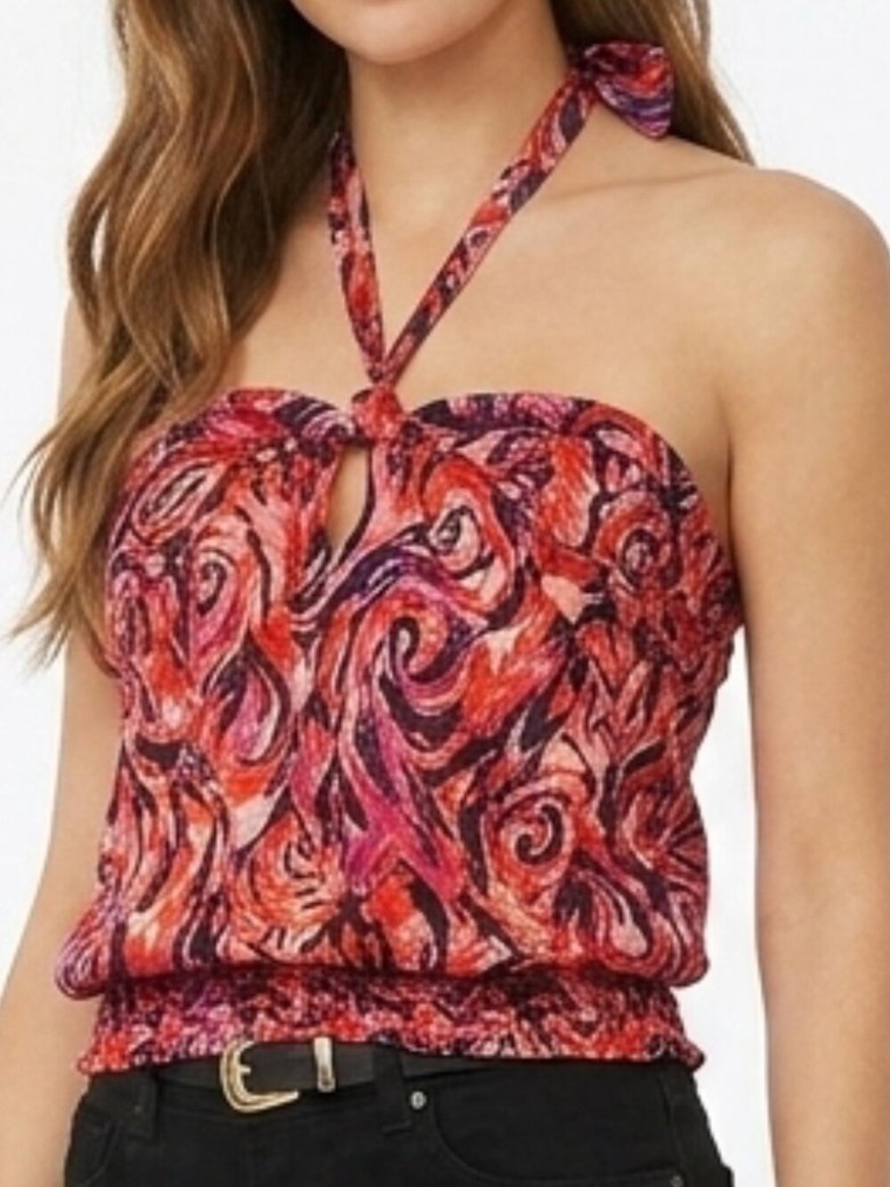 Vintage Y2K Abstract Swirl Halter Top Smocked Waist Pink Tank Beach Summer M